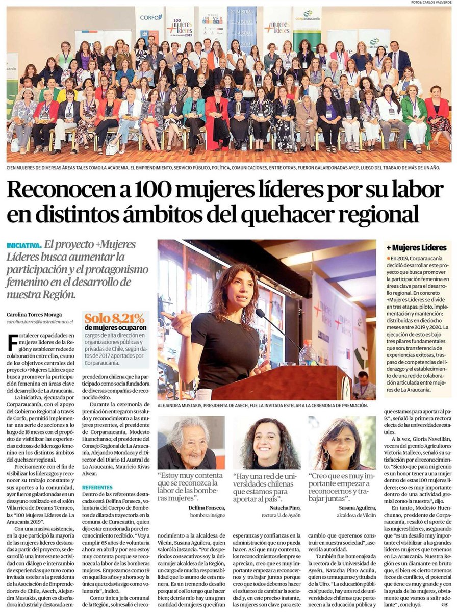 El 2019 Corparaucanía desarrolló un proyecto que buscaba promover la participación femenina en áreas claves para el desarrollo regional. Así surge + Mujeres Líderes, instancia que reconoció el día de ayer a la Rectora #UAysén Natacha Pino Acuña.