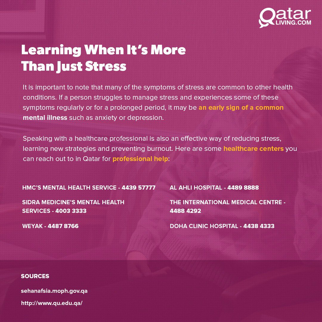 qatarliving's tweet photo. Today’s #WellnessWednesdays looks at something we all some from at some point in our lives... stress! Here’s a look at how to identify the signs, how to manage stress and most importantly how to recognize when it’s more than just stress!
#QLcares #community
#Qatar
#QatarLiving https://t.co/PnlQ3OZOsM