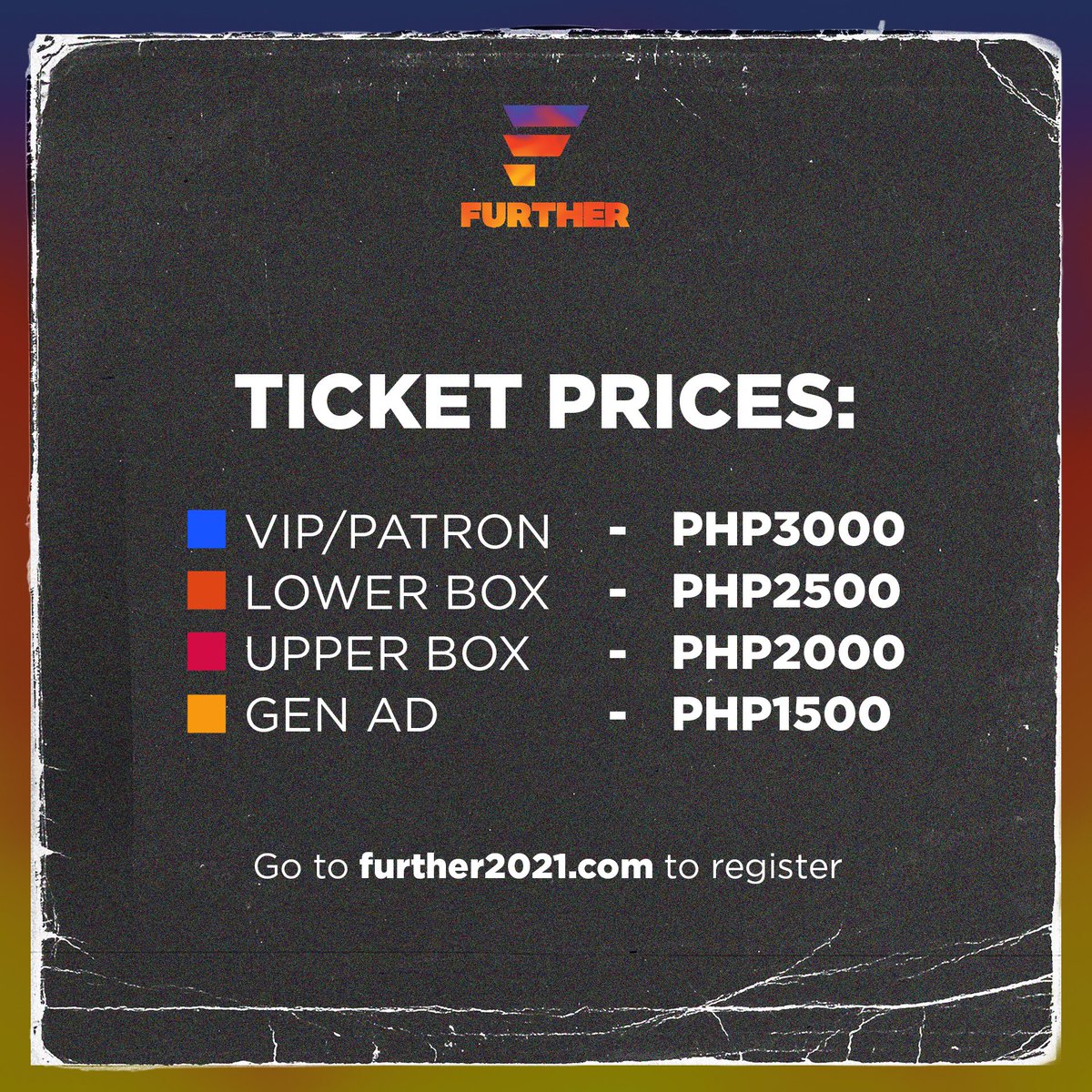 Ticket prices 💁🏻‍♂️

If you’ve already reserved tickets thru further2021.com, post a selfie and use the hashtag: #FURTHER2021 👌🏻