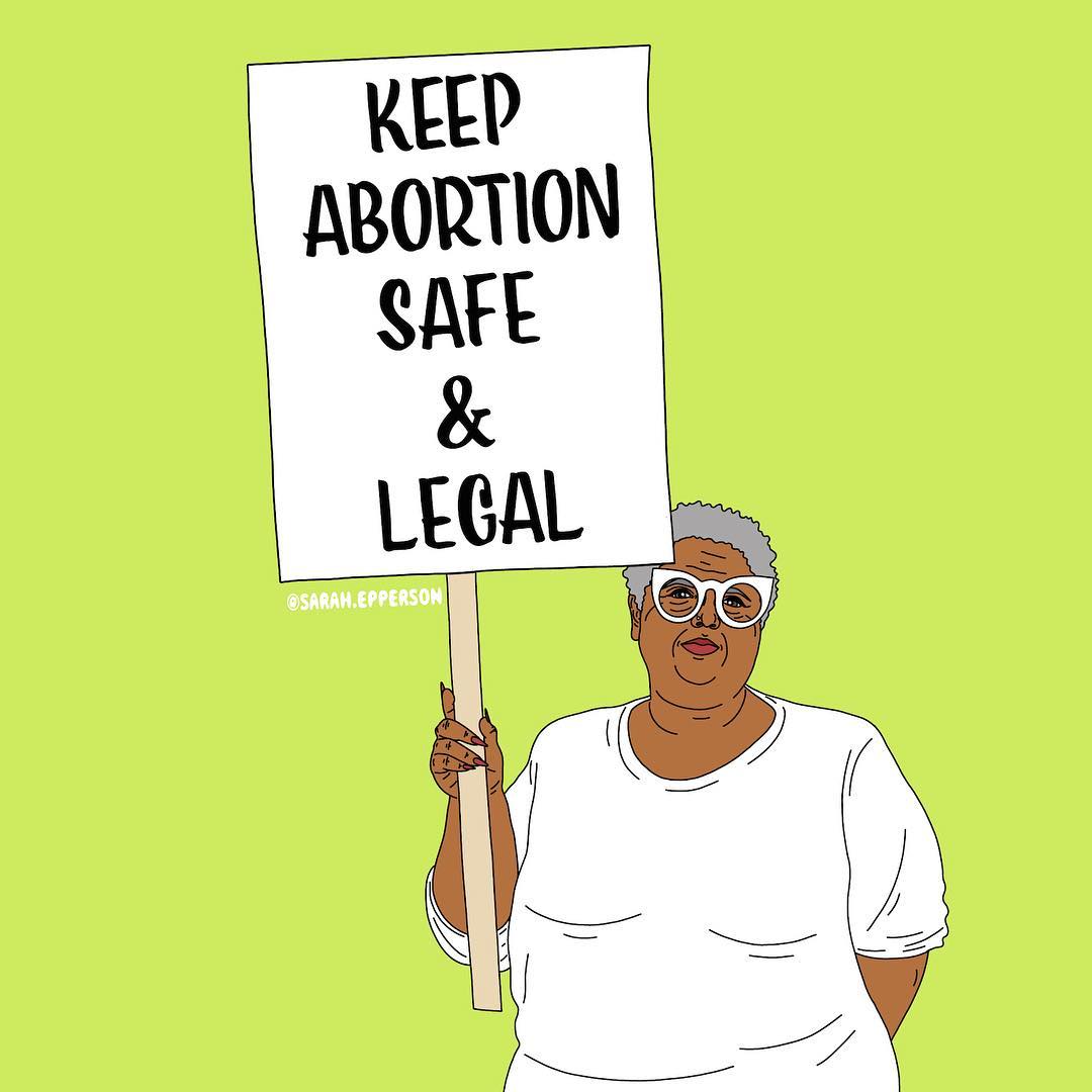 A lime green background with an illustration depicting a person of color holding a picket sign that says keep abortion safe and legal.