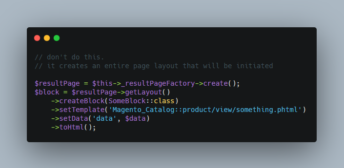 willemwigman's tweet photo. Don't use `$this->_resultPageFactory->create()` in ajax-controllers. It's resource heavy, especially when you're creating blocks in a loop.

Instead, use `$this->_view->loadLayout()` and `$this->_view->getLayout()`

#magento + @blackfireio = magic https://t.co/ARS1i2HTHM
