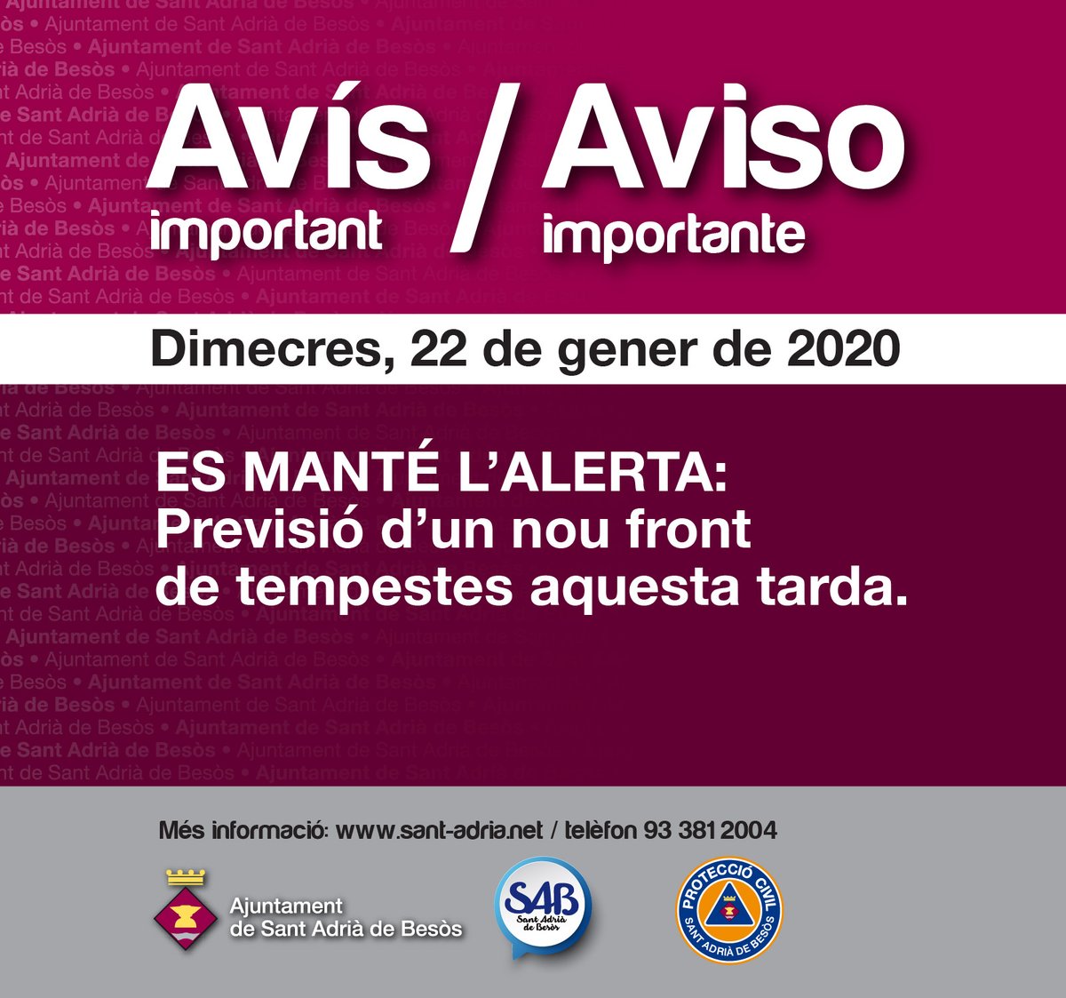 AjSantAdria's tweet photo. ⚠️⛈ SE MANTIENE LA ALERTA ❗️ Previsión de un nuevo frente de tormentas esta tarde.

Se recomienda que las actividades escolares finalicen a las 15.00h. de hoy miércoles, por lo tanto, habrá que recoger las y los niños a esa hora.

🌐 Para más información: https://t.co/5gKhH2zS6Z https://t.co/fJkU9ahnf1