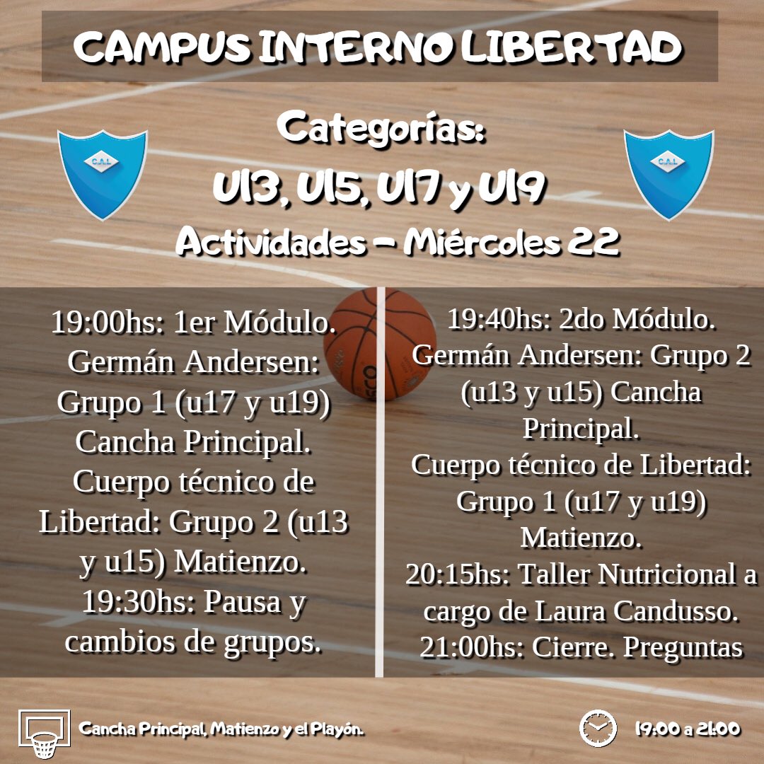 CalibertadClub's tweet photo. #Básquet
🏀 Hoy tenemos el segundo día del campus interno de Libertad. A continuación les compartimos las actividades que se desarrollarán durante la jornada.
👏 Además queremos agradecer a Manuel Morello y Luciano Benevento por el aporte que nos dieron el día lunes.
#VamosLiber https://t.co/JmgjDXfVUV