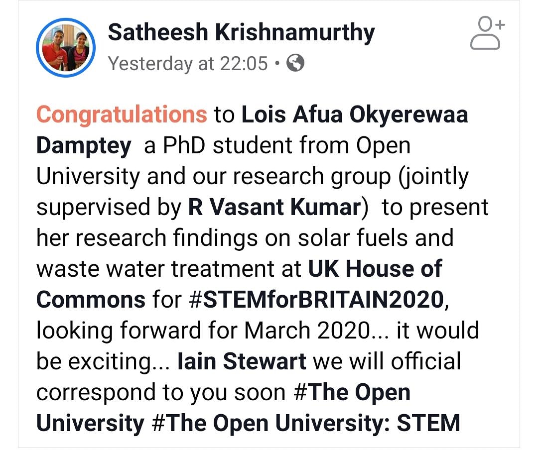 Someone wake me up from my sleep.... Unbelievable!!... just few months in my #phdjourney @OpenUniversity @OUGradSch
#stem4brit20 #scienceinparliament #stem #research #youngengineers #youngresearchers #phd @womenwhoengineer @BlackWomenPhDs @blackgirlsinstem