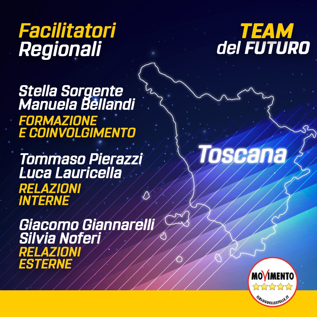 Buon lavoro ai facilitatori regionali del #TeamDelFuturo per la regione #Toscana! Il loro compito sarà quello di garantire una capillarità sui territori e di mettersi al servizio di tutto il <a href="/Mov5Stelle/">MoVimento 5 Stelle</a>. Segui la diretta: bit.ly/TeamFuturo