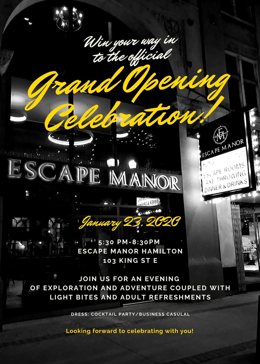 Escape Manor (@escapemanor) on Twitter photo Escape Manor Hamilton Grand Opening Tomorrow 02/23/2020 103 King St E. 5:30-8:30 Magicians, Axes, Escapes, Bocce, Food & Bev, Prizes, Chain Cutting, & More. Photo & Video Opps Galore!
@HardtOpMedia <a href="/HamOntComNews/">Hamilton Com News</a> <a href="/TheSpec/">Hamilton Spectator</a> <a href="/LFPress/">London Free Press</a> <a href="/TorontoStarLife/">Toronto Star Culture</a> <a href="/nationalpost/">National Post</a> @rickhughescbc Escape Manor Hamilton Grand Opening Tomorrow 02/23/2020 103 King St E. 5:30-8:30 Magicians, Axes, Escapes, Bocce, Food & Bev, Prizes, Chain Cutting, & More. Photo & Video Opps Galore!
@HardtOpMedia <a href="/HamOntComNews/">Hamilton Com News</a> <a href="/TheSpec/">Hamilton Spectator</a> <a href="/LFPress/">London Free Press</a> <a href="/TorontoStarLife/">Toronto Star Culture</a> <a href="/nationalpost/">National Post</a> @rickhughescbc