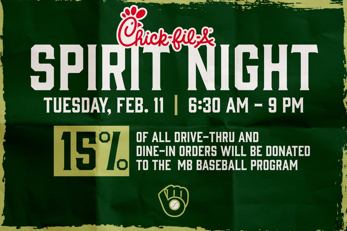 MB Baseball fans - go ahead and mark your calendars for a <a href="/ChickfilA/">Chick-fil-A, Inc.</a> Spirit Night benefitting MB Baseball at the Montclair Road location on 2/11. This event will actually be ALL DAY (6:30 am to 9:00 pm). Just make sure to mention MB Baseball when you order! #mtnbrookbaseball
