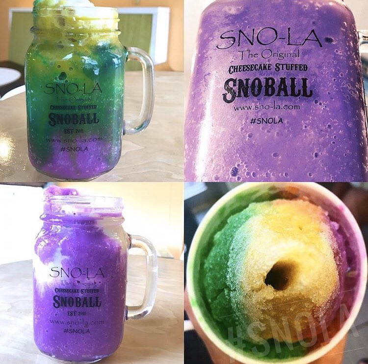 snolasnowballs's tweet photo. When it’s king cake and snowball season at the same time! Come try our festive pour me something mister or fat tuesday and Laissez Bon Temps rouler 💜💚💛. Stop by today we’re open all year round #Snola #MardiGras https://t.co/HOapvDNa0g