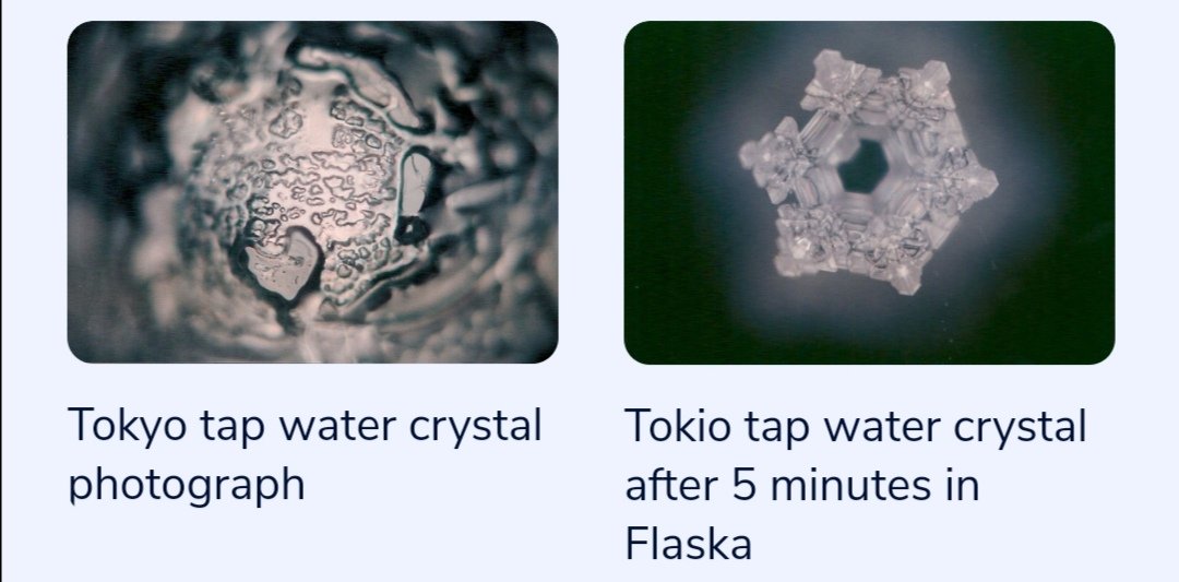 Dr Masaru Emoto's lab made ice crystals using tap water vs storing it for 5 minutes in a Flaska bottle.