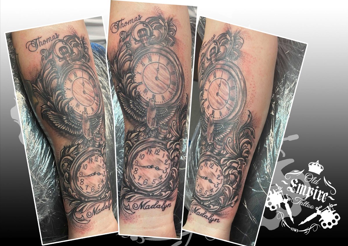 Joel_Tattoo_12's tweet photo. Client sat well for this #PocketWatch, #Dove and #Filigree #Tattoo, with #SmallScript. #TimePiece #ClockTattoo #FiligreeTattoo #BirdTattoo #Script #Lettering #RomanNumerals #BlackAndGrey #SalfordTattoo #OldEmpireTattoo #OET #WalkdenTattooStudio #TattooInLittleHulton https://t.co/njeKTT3RuZ