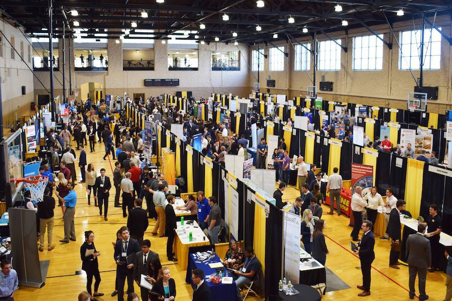 Engineering students spread throughout the Rec for the Engineering Career fair.