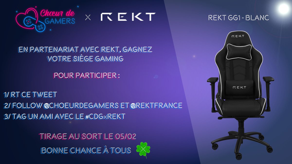 choeurdegamers's tweet image. #Concours 
En partenariat avec @REKTFrance❤️, gagnez 
votre CHAISE GAMING GG1 white !

Pour participer :
- Follow @REKTFrance et @choeurdegamers 
- RT ce tweet
- Tag un ami avec un #CDGxREKT 
  ( TAS le 5/02☘️)

Et n'oubliez pas de nous soutenir 🥰🙏 :
➡️ cutt.ly/ue7Btka