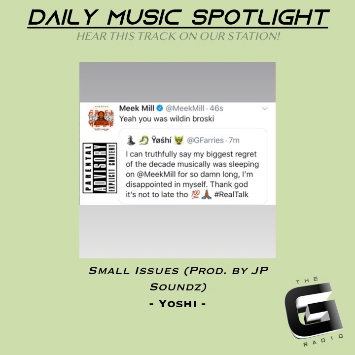 THEGRADIO's tweet photo. Daily Music Spotlight On @GFarries Today On THE G RADIO!
#Yoshi #smallissues #DailyMusicSpotlight #THEGRADIO #Music #Radio #Artist #MusicIsLife #MusicLovers https://t.co/hqQZ4XPsBX