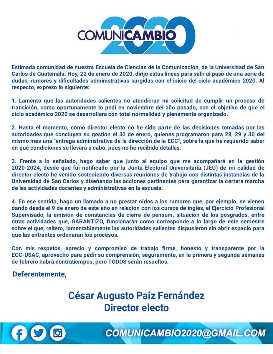 Comunicambio202's tweet photo. Mensaje del director electo, Licenciado César Augusto Paiz Fernández, a la comunidad estudiantil, docente y administrativa de la ECC-USAC.
#EccUsac https://t.co/GRVxXHwDHB