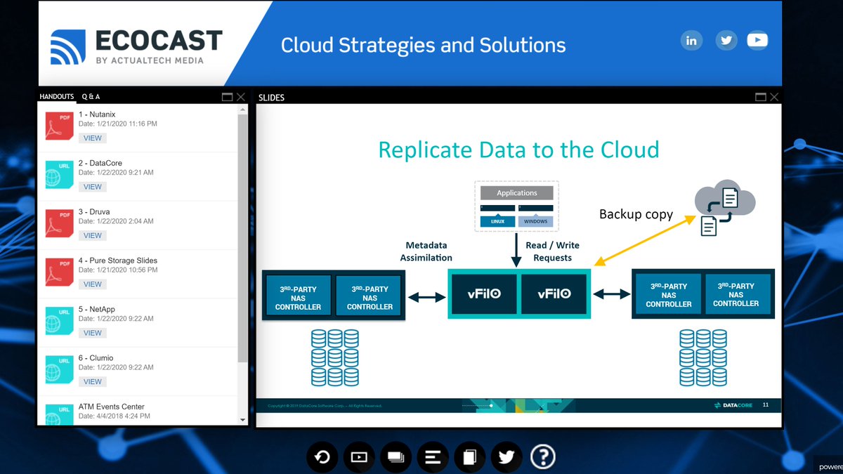 davidmdavis's tweet photo. Cool presentation now in progress by @stevewhunt of
@DataCore talking about replicating data to the cloud on the #ATMEcoCast! Join at --> https://t.co/youLOnbODx https://t.co/qOQhj5IV7e