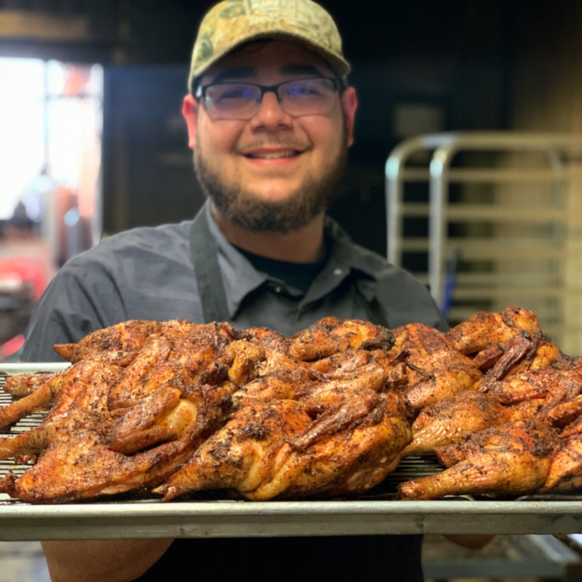 SouthsideBBQ's tweet photo. Josh in the #pitroom here in Elgin! #smoked #chicken #oldestbbqjointinTexas https://t.co/kHnJnn9Dq9