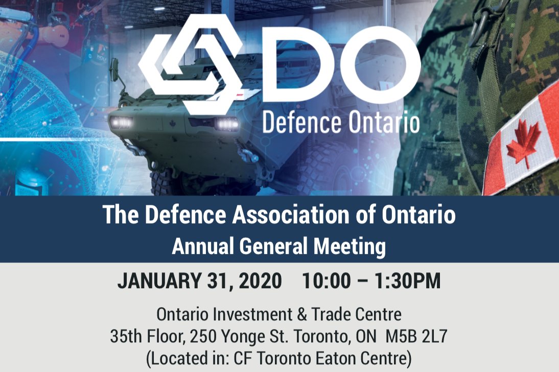 You're invited to attend the Defence Ontario
Annual General Meeting

✅ January 31, 2020 10:00 – 1:30PM
at Ontario Investment &amp; Trade Centre

▶️Register Now: defenceontario.com/events/the-def… #defenceontario