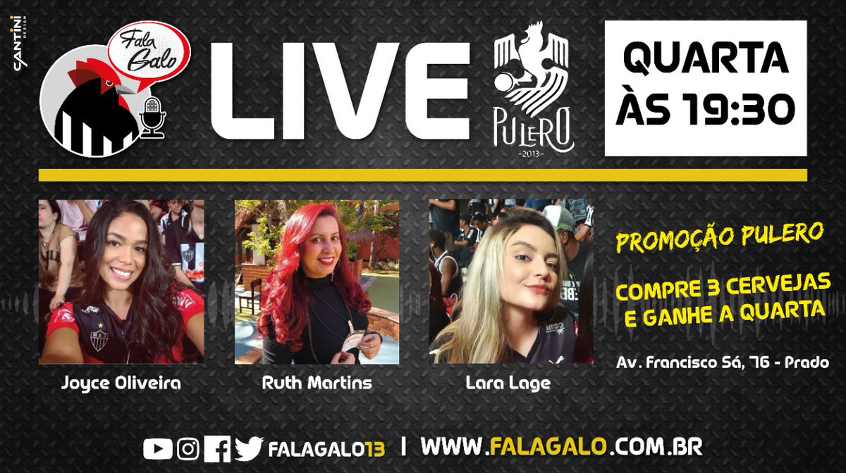 Falagalo13's tweet photo. 📺 Às 19h30 no @Pulerobar tem o programa Fala Galo com @RuthMartinsBH, @JoyoOliveira e @LaraLage_. 

↪️ Vai rolar promoção de cerveja! Na compra de 3 (exceto Artesanais), a quarta vem na faixa!

Inscreva-se e ative o sininho ⤵️
https://t.co/vMGm6FoiR3 

#falagalo #pulerobar https://t.co/ojBS4ovLxX