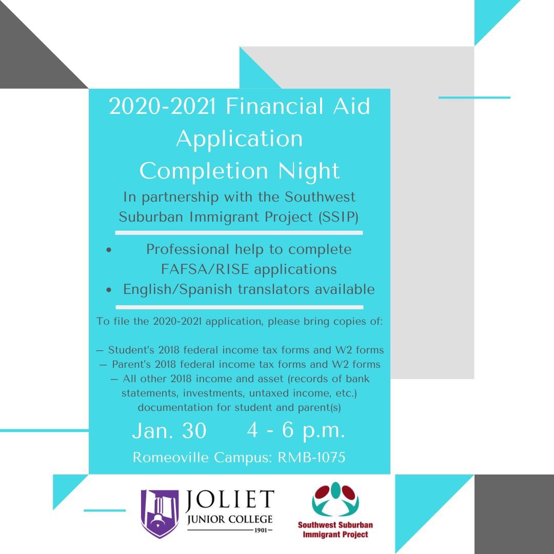 SSIPchicago's tweet photo. NEXT WEEK: In partnership with @JolietJrCollege, we invite prospective students and their families to FAFSA & RISE workshop on Thursday, Jan. 30 from 4-6pm. English/Spanish translators will be available! Join us at JJC's Romeoville Campus, 1125 W Romeo Road. #ILRiseAct https://t.co/fnbpAgGtVK