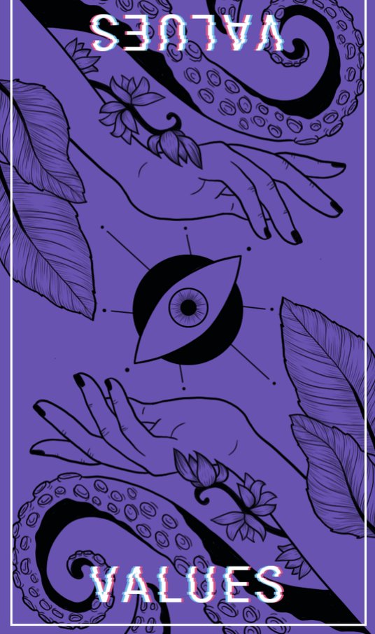 A purple tarot-like card with hands, tentacles, and an eye at the center with the word VALUES written at the bottom.