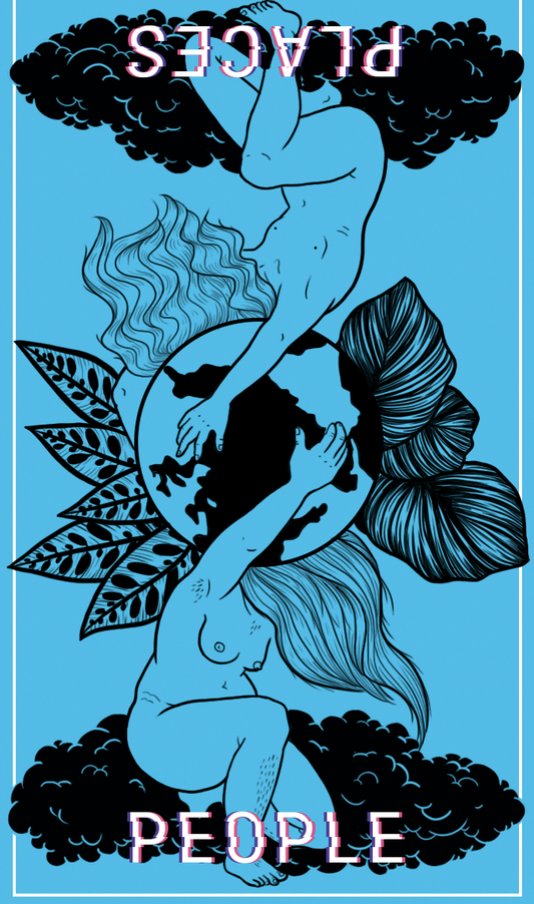 A blue tarot-like card with two bodies holding up an earth at the center with the word PEOPLE written at the bottom.