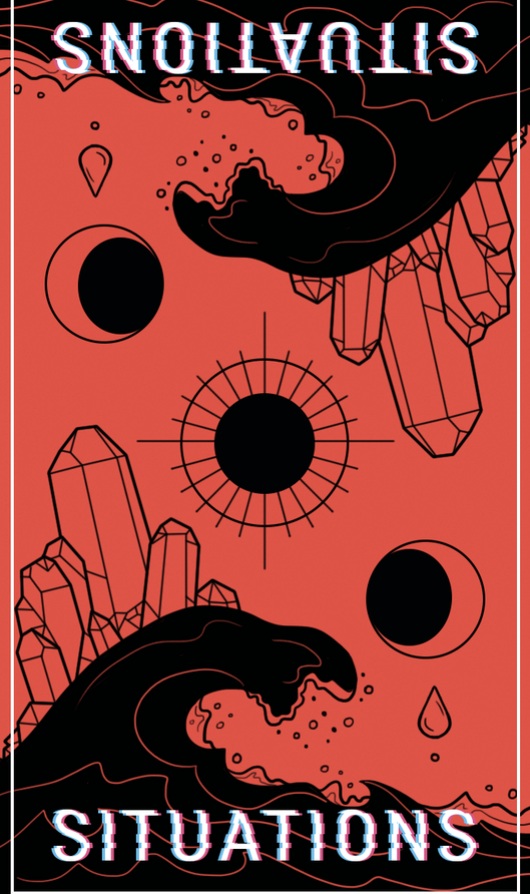 A red tarot-like card with waves, moons, and crystals on either end, with the word SITUATIONS written at the bottom.