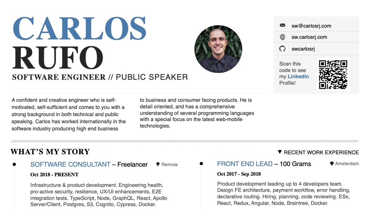 👋, I'm Carlos

I'm looking for the dream job & a passionate team to work as Software Engineer / Dev Advocate

I'm a JavaScript Engineer (+2yrs GraphQL), Public Speaker (~20 talks in '19) & Community Contributor (1 conf-meetup)

FAQ in thread • DMs open

RTs or leads so welcome!