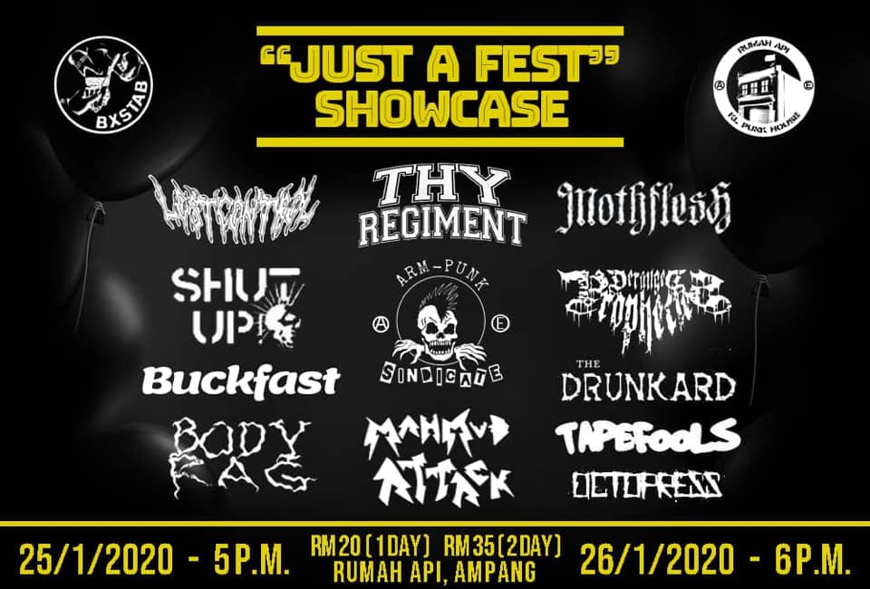 Jenn_Thompson's tweet photo. #KL SATURDAY&SUNDAY January25&26 @Bxstab presents "JUST A FEST" SHOWCASE 5pm/6pm @RumahApi2 (A-1804, MenaraA, Persiaran MPAJ) #PandanIndah ft. @LostControlMY @ThyRegiment #Mothflesh #ShutUp @ArmpunkS #Buckfast #TheDrunkards #BodyRag #MahmudAttack #TapeFools @OctoPressMY https://t.co/UzQo1StTT9