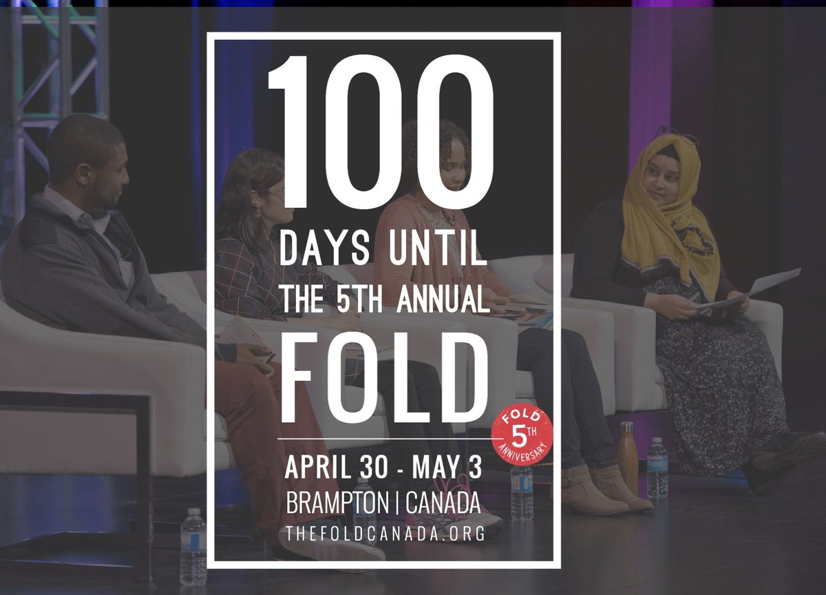 Dark faded image of four authors sitting in chairs, talking on stage. White Text: [100 days until the 5th annual FOLD April 30 - May 3, Brampton, Canada. Thefoldcanada.org]