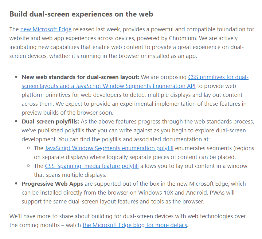 Screenshot of the "Build dual-screen experiences on the web" section of the linked blog post