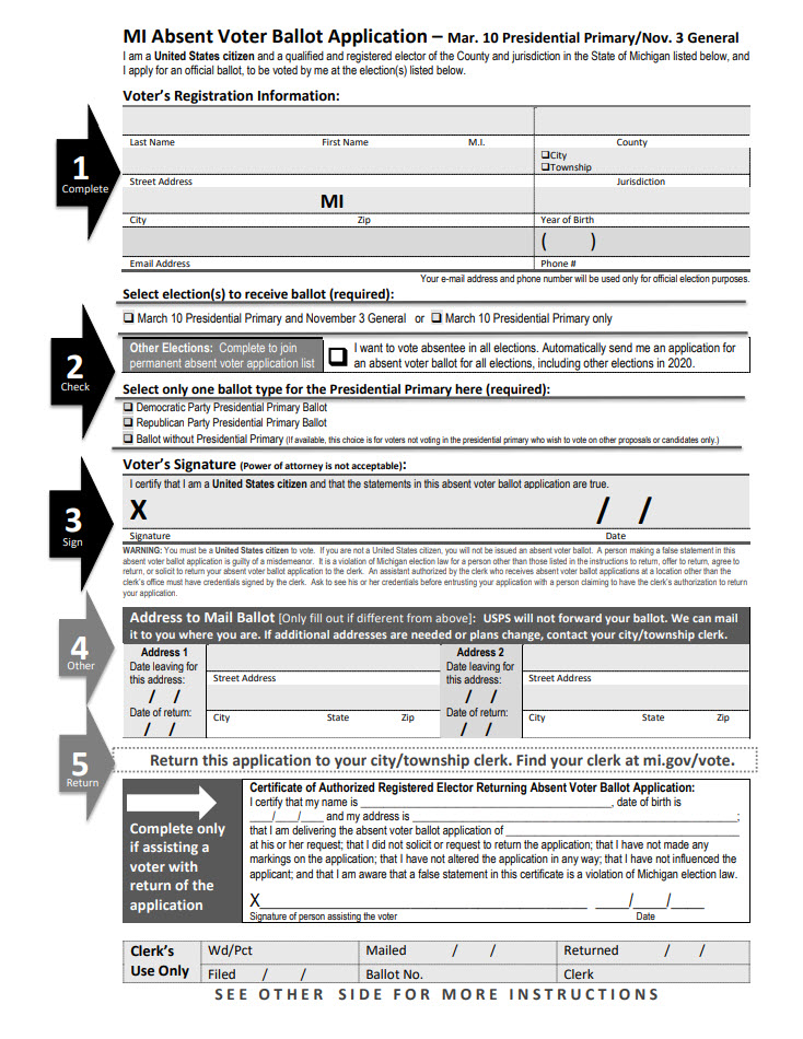 MichSoS's tweet photo. Absent voter ballots are available to registered voters for all elections in Michigan. You do not need to provide a reason to use this convenient method of voting. Learn more and get an application: https://t.co/8d1MCmKx7i #vote https://t.co/nwXMLVLEoq