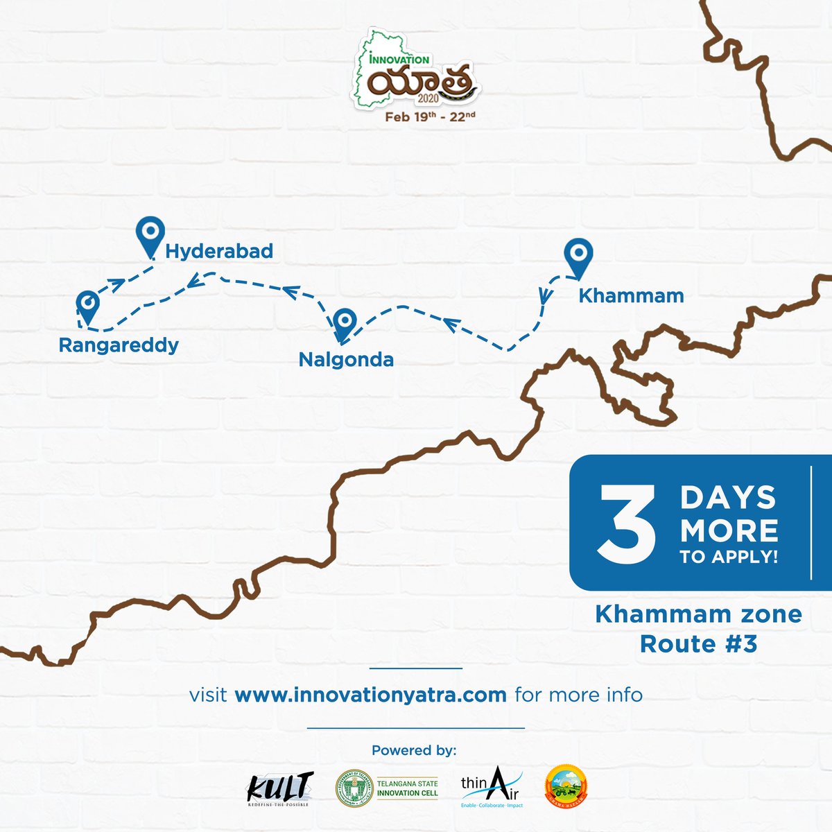 wekult's tweet photo. #Route_3
#3_days_left
 learn how to connect your invertor or UPS to your mobile Internet from Aleesh Babu at Khammam Acquire the innovative  techniques of farming &amp; usage of equipments from Balaiah &amp; Ramesh at Nalgonda Step up with electro shoe at Rangareddy
#applynow 
@teamTSIC https://t.co/lgTGdpl71H