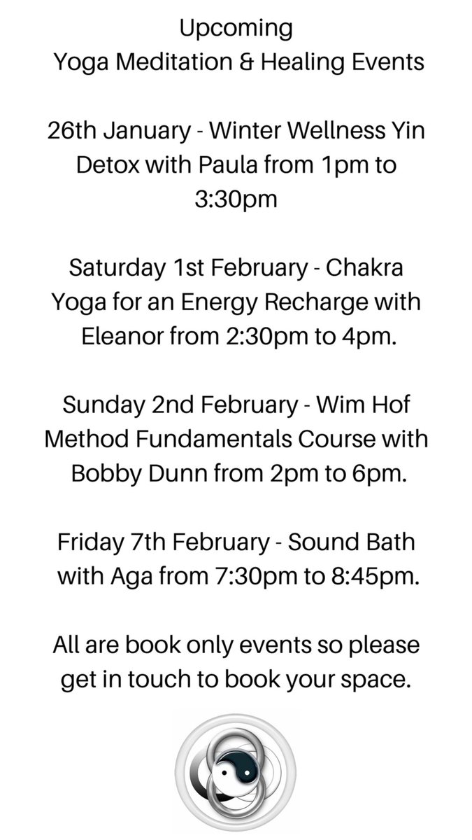 Our forthcoming Yoga, Meditation & Healing Events. Please contact us to book. #YinYoga #ChakraYoga #WimHofMethod #Wimhof #Soundbath #SoundHealing #Yoga #Glasgow #YogaMeditationHealingGlasgow #Kelvinbridge #WestendGlasgow #YogaScotland