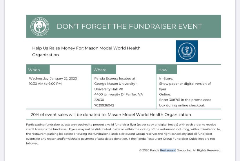 Join us TODAY JANUARY 22 at Panda Express for another fundraiser! Stop by, say hi, and come enjoy some good food while supporting us! You can show a digital version of the flyer or a paper copy. Hope to see you there!