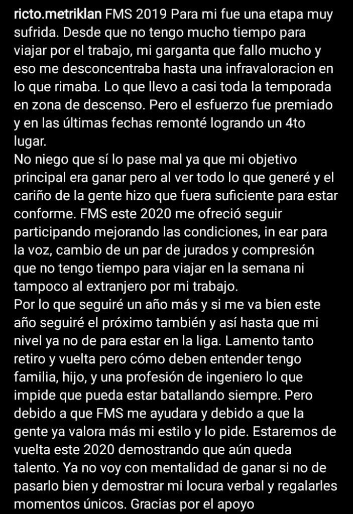 ¡UN AÑO MAS! 

El freestyler chileno RICTO 🇨🇱 emitió un comunicado vía Instagram confirmando que estará presente en la Temporada 2 de FMS Chile (no FMS Internacional).

¿Que pensas de su decisión? Te leemos 👇🏻

#FMSChile 🇨🇱