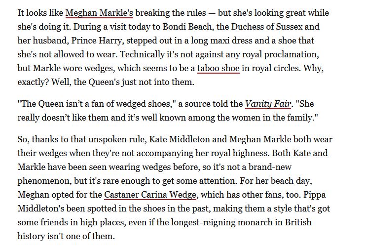 Exhibit 29:  #ShoeGate Wedges worn with style by both the Duchesses. Kate's are "versatile" and thoroughly approved of. Meghan's are... gasp!... a breach of protocol... [As if a style magazine would be told what the protocol is - the Queen gave them a call? Yeah, right.]