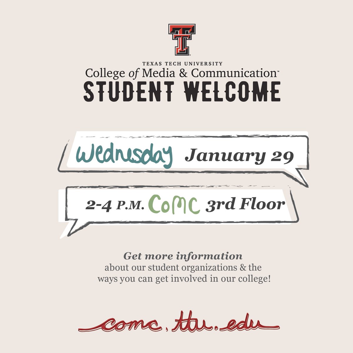 TTU_CoMC's tweet photo. Next Wednesday! Visit the 3rd floor of #MyCoMC between 2-4 p.m to meet with #TexasTech student groups and find ways to get involved.

👋🌭Free food + all students are welcome! https://t.co/ijdMUsY8D0
