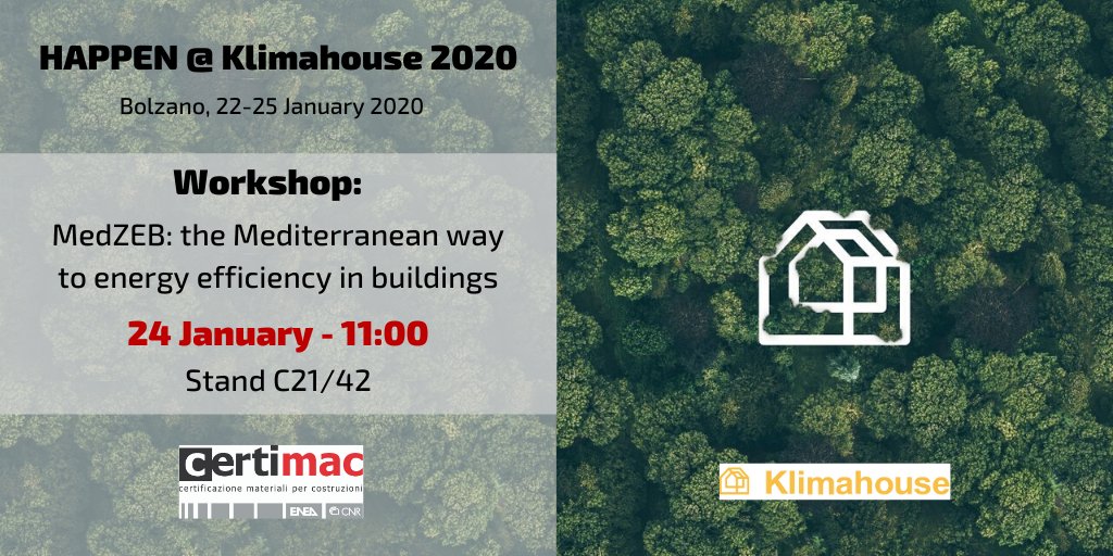 HAPPEN_PROJECT's tweet photo. 🇮🇹 #HappenOnTour #Bolzano
Can we adapt #EnergyRenovation of #buildings to the features of the #Med area?
This Friday 24/01, join the workshop by our partner Certimac at @Klimahouse and learn more about the #MedZEB Protocol: a tool to will help renovating buildings in the Med way https://t.co/B38iUvtMAk