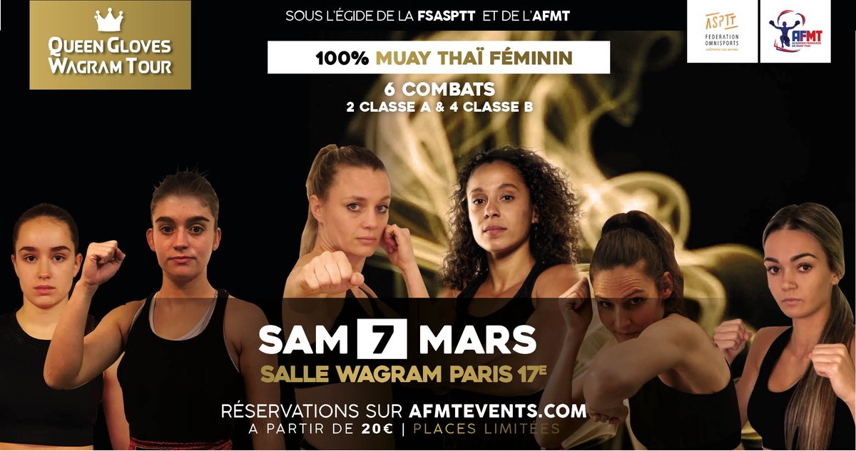 Queen Gloves Wagram Tour : un événement 100% #muaythai féminin qui aura lieu à la mythique #salleWagram. A partir de 20€, places limitées. 1€ par billet reversé à <a href="/enavanttoutes/">En avant toute(s)</a>.
Réservations sur : afmtevents.com #sport #boxe #paris