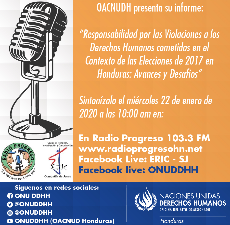 OACNUDHHN's tweet photo. Sintonice la transmisión de la presentación del informe de la OACNUDH; Responsabilidad por las violaciones a los derechos humanos cometidas en el contexto de las elecciones de 2017 en Honduras: Avances y Desafíos @RadioProgresoHN #103.3fm
https://t.co/J5qzyJpmo3 https://t.co/qoSIGkOImH