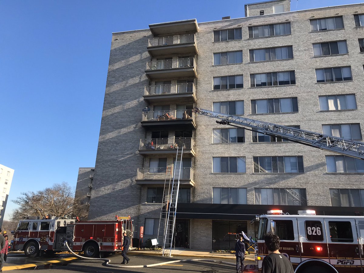 Approx 8:45am #pgfd units responded to the 3000 block of Curtis Dr in Temple Hills for a reported apartment fire. Crews arrived to an 8 story building with smoke showing from roof. Fire is out, no injuries or transports to report.