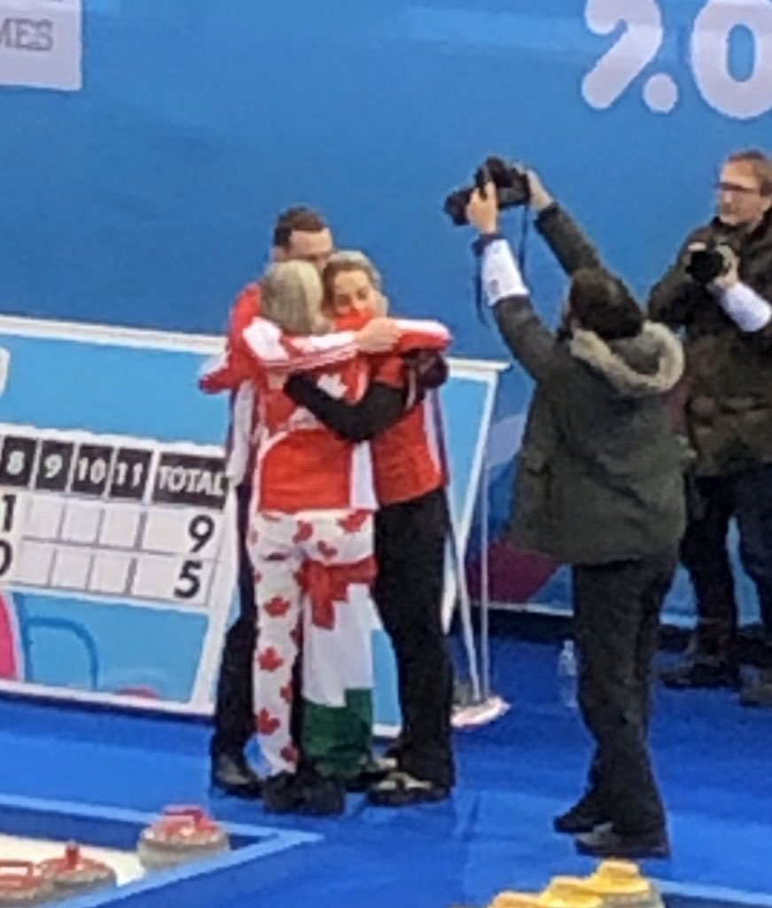 Devin_Heroux's tweet image. They’re going crazy in Champery! 

Canada and Hungary curlers come together to capture mixed doubles gold. What a brilliant thing this mixed NOC event is. 

Nathan Young and Laura Nagy a dynamic duo. Thanks to @deschjo for the photos. See you all tonight!