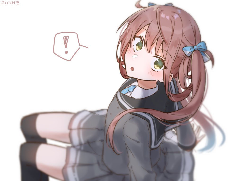 asagumo (kancolle) 1girl solo brown hair ! skirt grey skirt spoken exclamation mark  illustration images