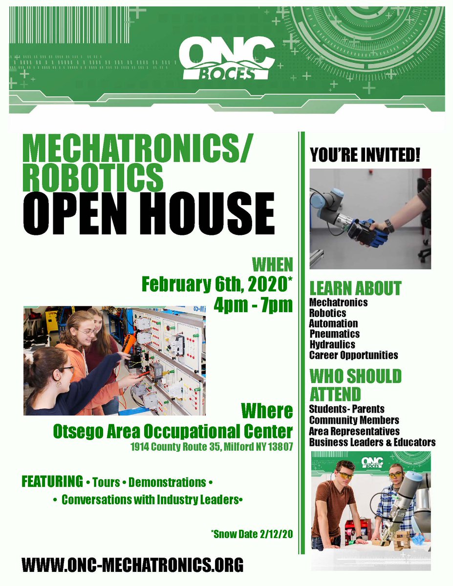 ONCBOCES's tweet photo. Just over two weeks away! We hope you will join us at OAOC to learn more about our new Mechatronics/Robotics program!
#BOCESproud #ONCBOCES #OAOC #Mechatronics #Robotics #OpenHouse https://t.co/KNqPAuBt3M