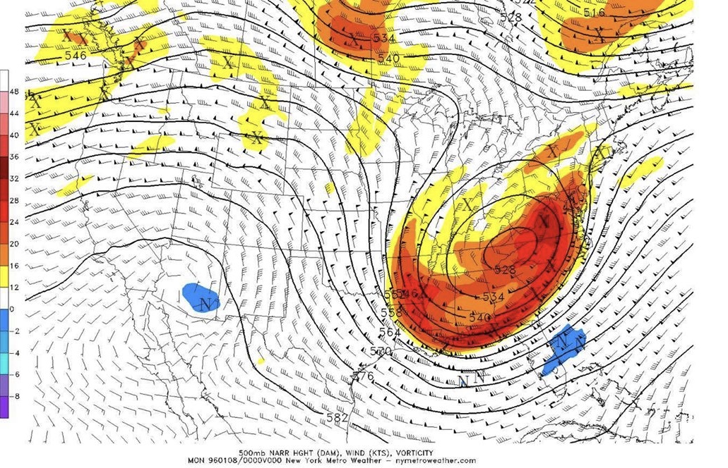 jhomenuk's tweet photo. Four years ago today, NYC’s largest snowfall on record. Incredible synoptic similarities to the Blizzard of 1996 - and, ironically enough, similar model errors/trends in the days prior to the storm. https://t.co/FS6rP5CkaU