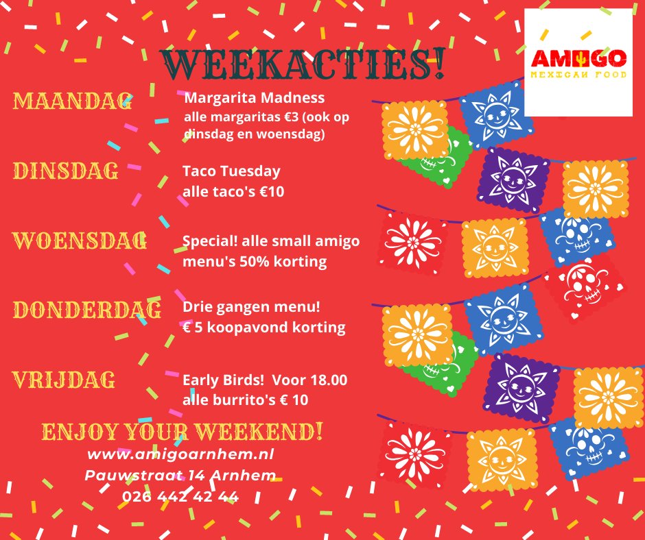 AmigoArnhem's tweet photo. Amigo's week specials
Elke dag een andere actie
Op donderdag avond shoppen tijdens koopavond?
Onze 3 gangen keuze menu is dan 5 euro goedkoper!
Of ga je op vrijdag het weekend inluiden?
Kom dan bij ons een burrito eten voor slechts 10 euro!
#mexicanrestaurant #mexicanfood #tacos https://t.co/znLitcDLd1
