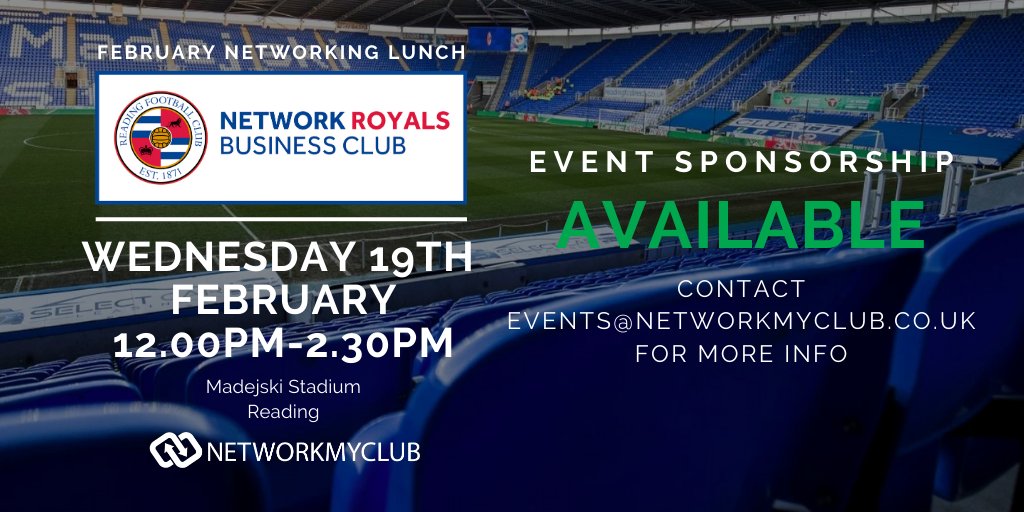 FEBRUARY NETWORKING LUNCH 

🗓 Wednesday 19th February 
⏰ 12pm-2.30pm 
🏟 <a href="/ReadingFc/">Reading FC</a>
🗣️ <a href="/MDentonSpeaker/">Mark Denton</a> 

➡🎟 networkmyclub.co.uk/events/network…