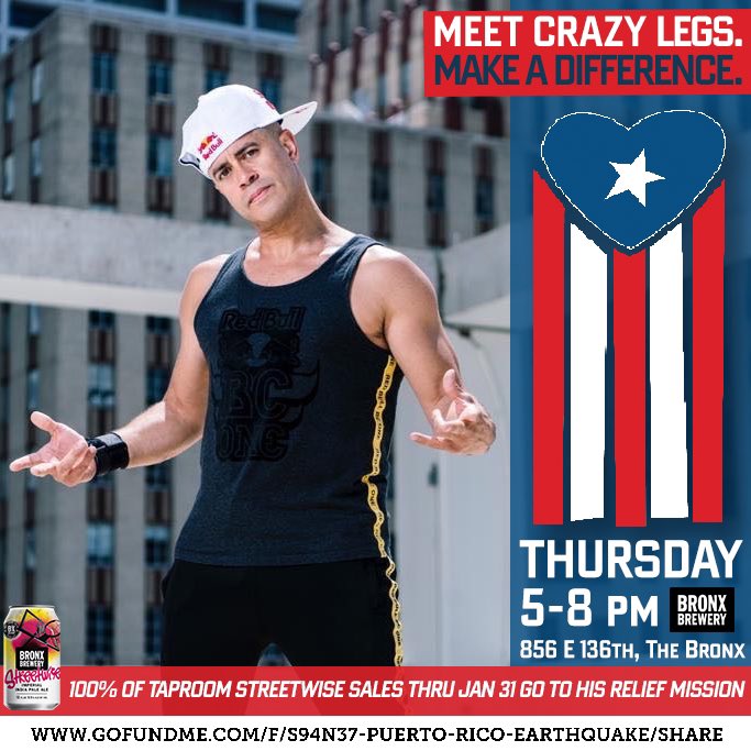 TheBronxBrewery's tweet photo. 🚨 TOMORROW 🚨 

Grab a 🍺 from 5-8 with the legendary @CrazyLegsBX, with 100% of Streetwise sales going to his #puertorico relief mission https://t.co/nRMl8mCJfJ