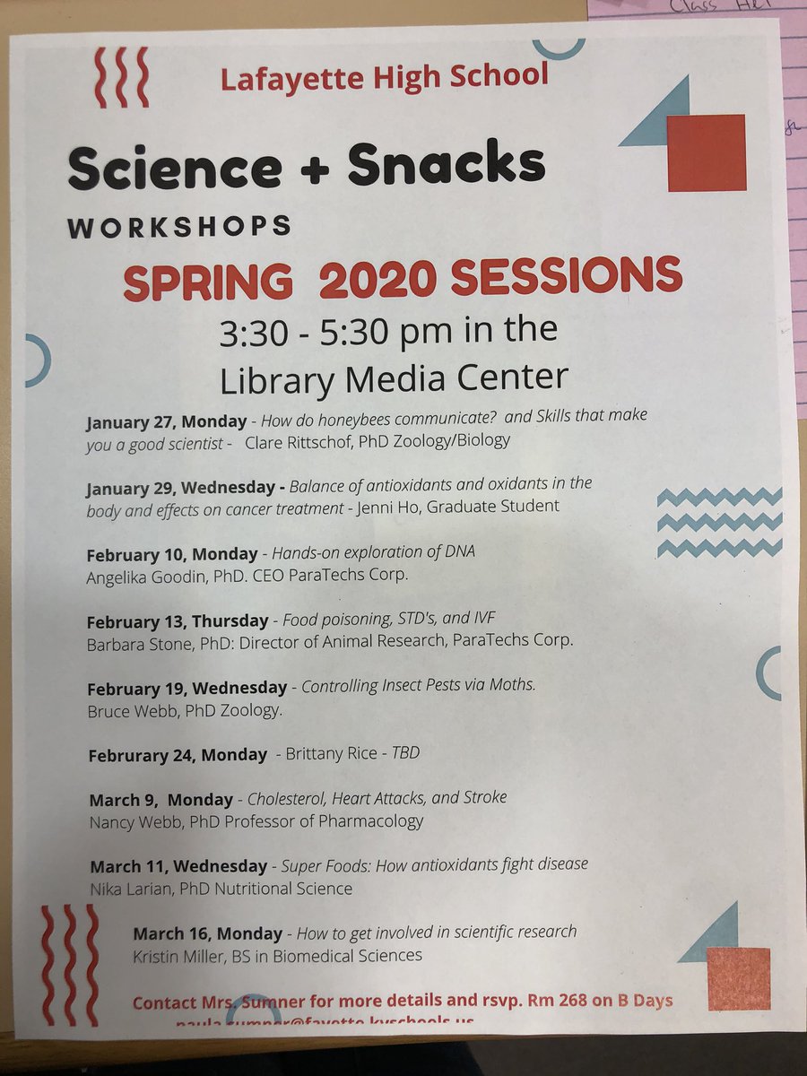 LHSLibraryMedia's tweet photo. The first Science +Snacks Workshops are next Monday and Wednesday. Come check out amazing Scientists from our community! @KYbiotech @LHS_PrincipalJ @lhshighschool #Scienceisfun #scienceandtechnology #STEMeducation https://t.co/kxTmnpxcB3