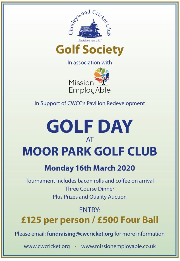 Chorleywood CC (@chorleywoodcc) on Twitter photo What an amazing opportunity to play one of the best courses in Herts <a href="/Moorparkgolf/">Moor Park Golf Club</a> while raising money for our stunning new pavilion. Price includes breakfast, golf, prizes and dinner. #hertscricket #golf
To enter email fundraising@cwcricket.org What an amazing opportunity to play one of the best courses in Herts <a href="/Moorparkgolf/">Moor Park Golf Club</a> while raising money for our stunning new pavilion. Price includes breakfast, golf, prizes and dinner. #hertscricket #golf
To enter email fundraising@cwcricket.org